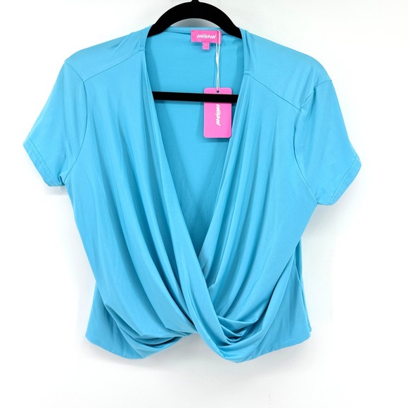 Edikted Tops - Edikted Top Surplice Knot Front XL Blue Women Short Sleeve V Neck Casual